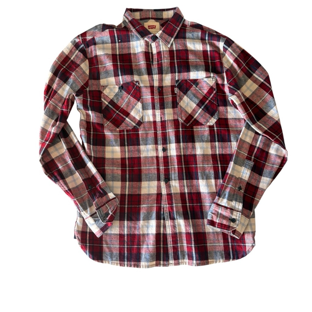 Levi's Men’s Red and White Plaid Button-Down Shirt A014